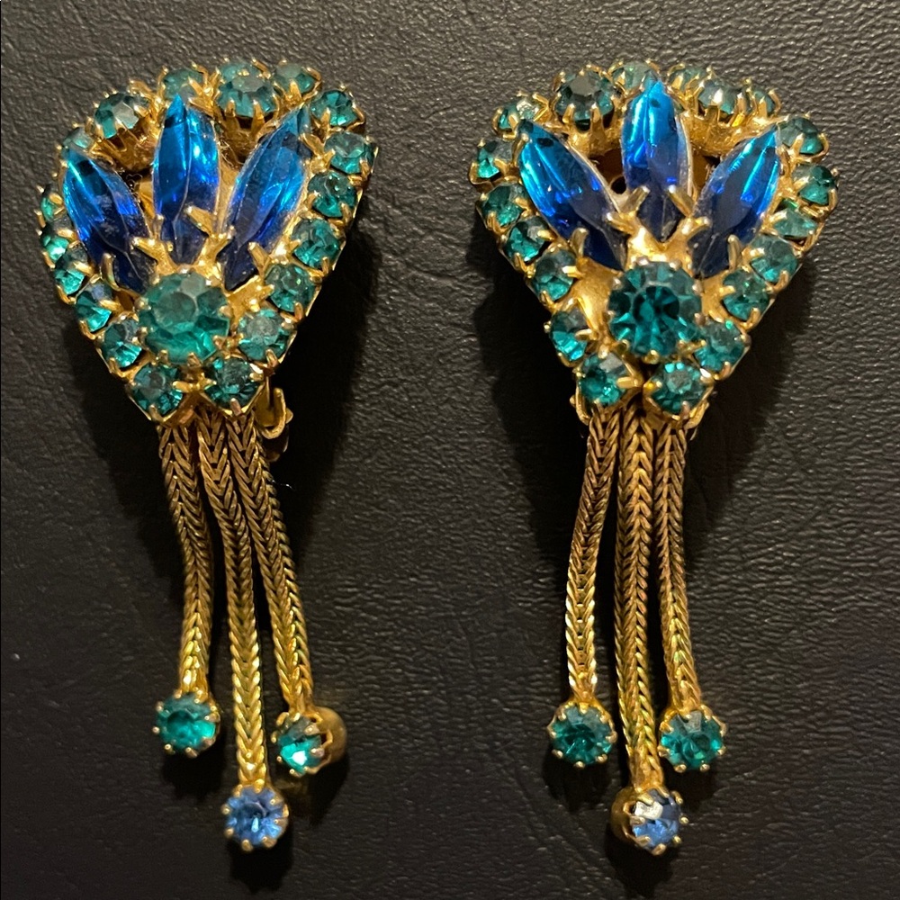 Vintage Blue and Gold Dangle Clip on Earrings